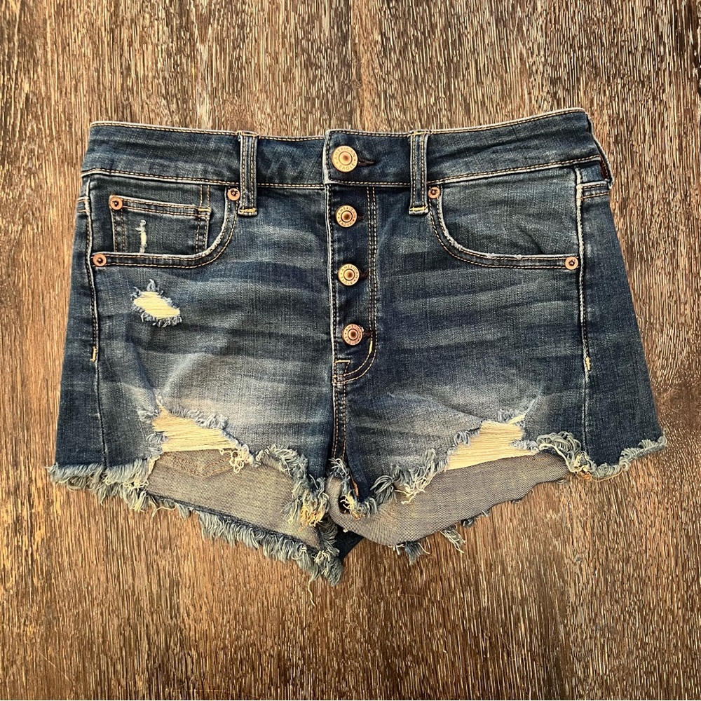 American Eagle Hi-Rise Shortie Distressed Button Fly Cutoff Jean Shorts Size 6